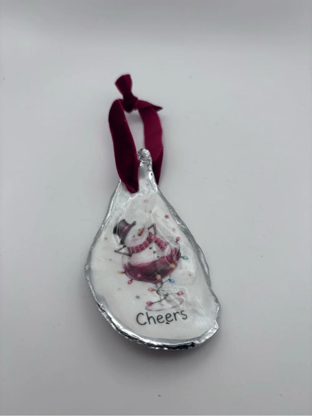 Holiday Cheers Snowman Oyster Ornament with Burgundy Ribbon